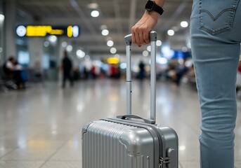 Modern travel: person with metallic luggage, moving confidently through an airport concourse.

