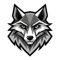 Bold wolf head with cool blue and gray tones stares ahead sharply