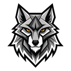 An isolated gray wolf head displays a geometric style with sharp details