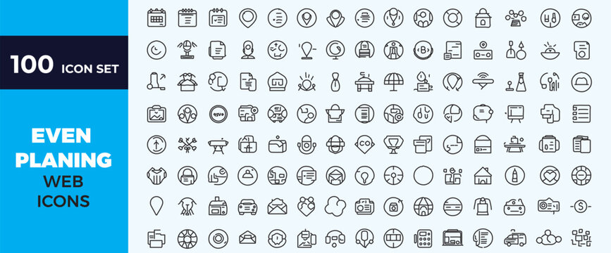 Event planning and organization icon set collection with calendar meeting party celebration business outline symbols