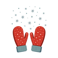 Red mittens with falling snowflakes, winter holiday illustration