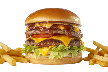 Juicy Double Cheeseburger with Fries, Isolated on Transparent PNG