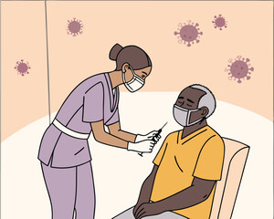 Healthcare professional administering vaccination to patient with coronavirus symbols