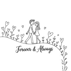 Obraz premium Eternal Embrace: A heartwarming sketch portrays a couple's tender bond, their hands clasped in a symbolic gesture of enduring love amidst delicate floral motifs.