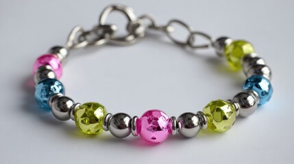 Obraz premium Clean white background with a child's bracelet of silver and fun color beads centered