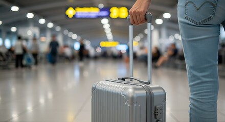 Individual pulling a hard-shell suitcase in a bustling airport hall, emphasizing solo travel.

