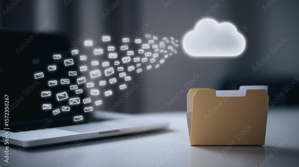 Poster cloud data transfer: visualization of files transferring from laptop into a cloud-shaped storage spa