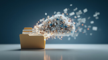 Digital Cloud Data: A digital illustration of a cloud emerging from a folder, symbolizing data storage, transfer, and technology. Illustrates cloud computing and data management.