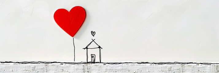 Minimal Line Drawing of a House with Floating Red Heart on White Background