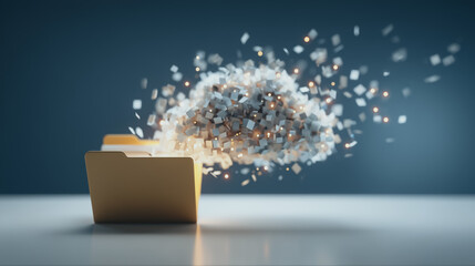 Cloud Data and Digital Storage: An eye-level shot captures a conceptual depiction of digital storage and cloud computing. A folder spills into a cloud.