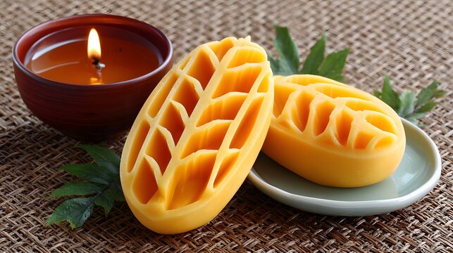 mango with golden lotus carving, placed with candle and monk bowl, spiritual context.