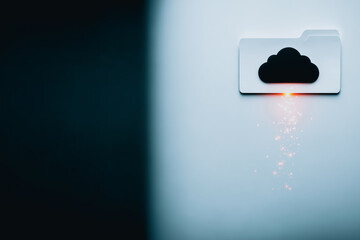 Digital Storage Concept: A symbolic representation of digital storage. A stylized folder icon featuring a cloud motif, emitting streams of data against a muted background.