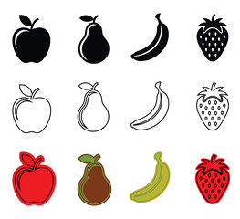 Fruits in 3 Design Styles &ndash; Clean Vector Icons of Apple, Pear, Banana, Strawberry