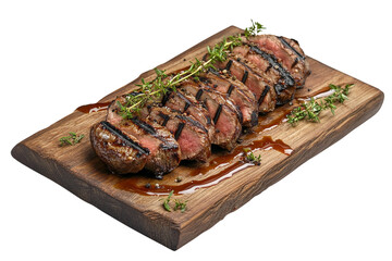 Grilled Steak Slices on Wood Board, Isolated on Transparent PNG