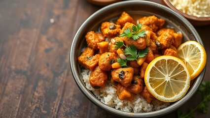 A bowl of indian curry with rice and lemon slices on a wooden table