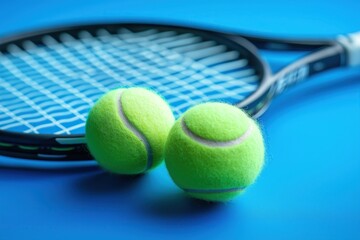 Tennis racket and yellow tennis balls arranged on blue background, sports equipment and game concept for players and athletes
