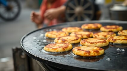Tikkis sizzling on a large griddle, a popular indian street food snack
