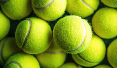 Close up of yellow tennis balls arranged on green surface with soft focus and natural lighting from above, sports equipment and game concept for athletes