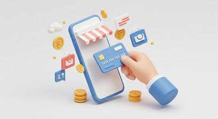 Online Shopping Concept: Cartoon Hand Holding Credit Card Near Phone with Storefront, 3D Illustration of Online Store with Digital Payments, Cartoon Hand and Shopping Icons