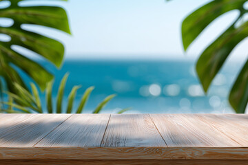 Tropical backdrop with product podium. Summer background for product advertising. Background with tropical leaves and ocean or sea.