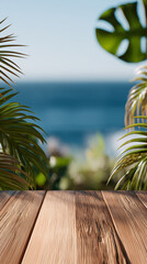 Tropical backdrop with product podium. Summer background for product advertising. Background with tropical leaves and ocean or sea.