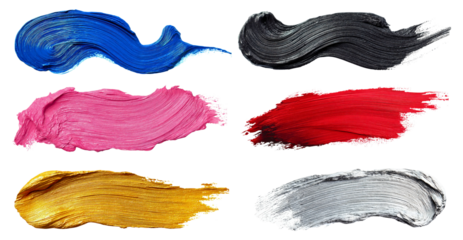 Collection of vivid oil paint strokes in multicolor tones of pink, blue, gold, red, black and silver isolated on a white or transparent background