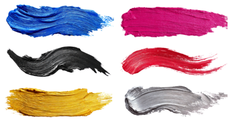 Set of multicolor oil paint strokes in silver, black, gold, pink, blue and red tones isolated on a white or transparent background