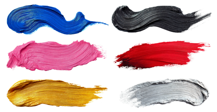 Collection of vivid oil paint strokes in multicolor tones of pink, blue, gold, red, black and silver isolated on a white or transparent background