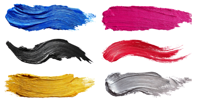 Set of multicolor oil paint strokes in silver, black, gold, pink, blue and red tones isolated on a white or transparent background