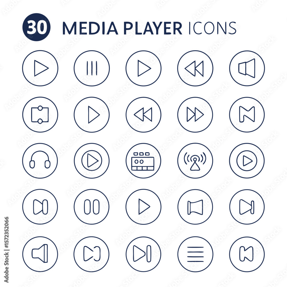 Poster collection of thirty media player icons featuring play pause rewind fast forward and volume controls
