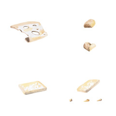Set of different pieces of cheese. Isolated watercolor illustration for decorating farm shop windows, packaging, restaurant menus, cookbooks.