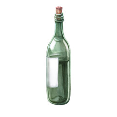 Green glass wine bottle with cork and label. Isolated watercolor illustration for bar menu design, restaurant interior, culinary magazines, poster and packaging printing.