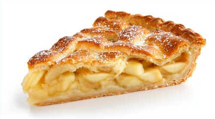Classic slice of apple pie with lattice crust and powdered sugar
