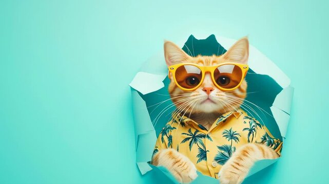 A cat wearing sunglasses and a Hawaiian shirt is peeking out from a hole in a wall. The image has a playful and lighthearted mood, as the cat is dressed up in a human-like outfit