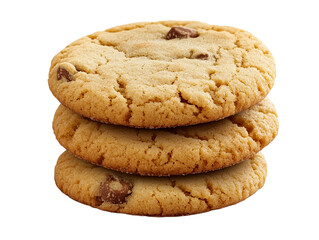 Three Delicious Buttery Chocolate Chip Cookies, Isolated on Transparent PNG
