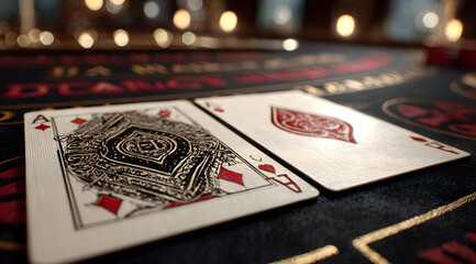 Obraz premium Empty baccarat table with just cards and close up on two cards that are closest to getting baccarat. Generative AI.