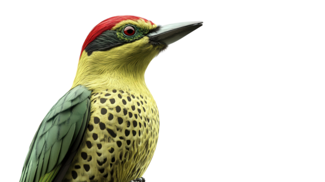 Unique green woodpecker perched background isolated on a Transparent background, PNG file.