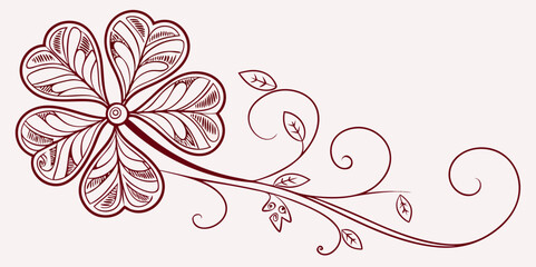 four-leaved clover calligraphy design with curled trail in white background vector illustration .
