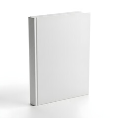 Mockup. A simple, blank white hardcover book standing upright on a light surface, emphasizing its minimalist design.