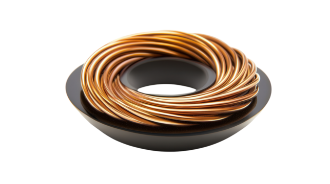 Wireless charging coil with copper windings, background isolated on a Transparent background, PNG file.