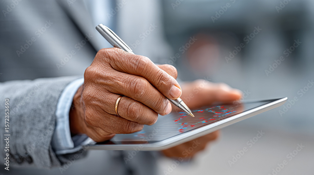 Poster professional hand holding stylus on tablet screen with digital interface, analyzing data, and making