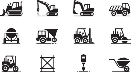 Construction Equipment Icon Set in Black Silhouette Style
