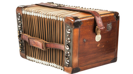 Vintage concertina accordion with leather straps background isolated on a Transparent background, PNG file.