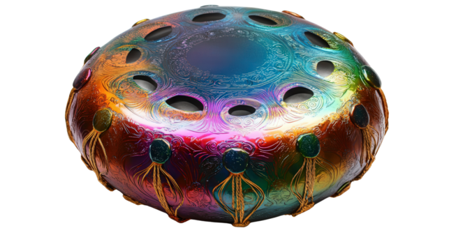 Unique metal tongue drum with vibrant colors background isolated on a Transparent background, PNG file.