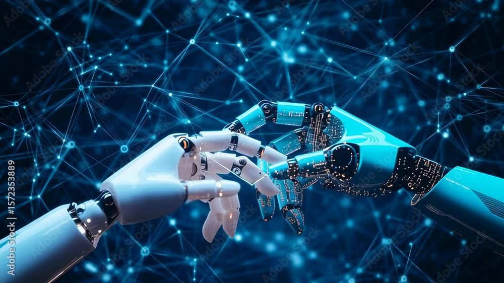 Aufkleber two robotic hands are touching each other in a blue background. concept of connection and unity betw