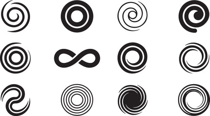 Swirls and Circles Icon Set in Black Silhouette Style