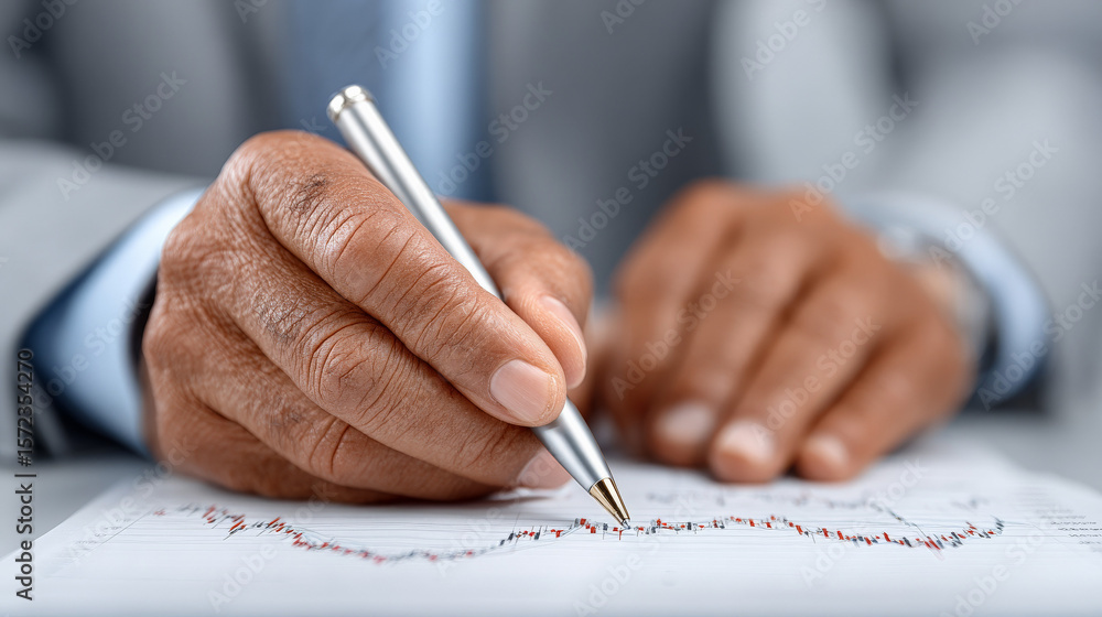 Poster close-up of a professional hand holding a pen over a financial document with graphs and data analysi