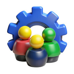 Photo of a 3d render of people and a gear, representing teamwork, collaboration, and organizational structure isolated on transparent background