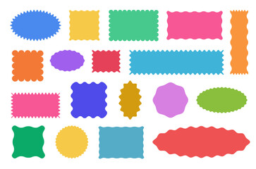 Wavy edge rectangle, oval set. Geometric forms with scallop borders. Abstract elements for sticker, frame, stamp, template, tag, label, web design and social media. 