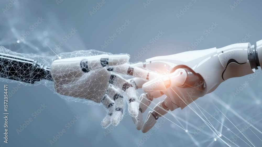 Poster two robotic hands are touching each other, creating a sense of connection and unity. concept of tech